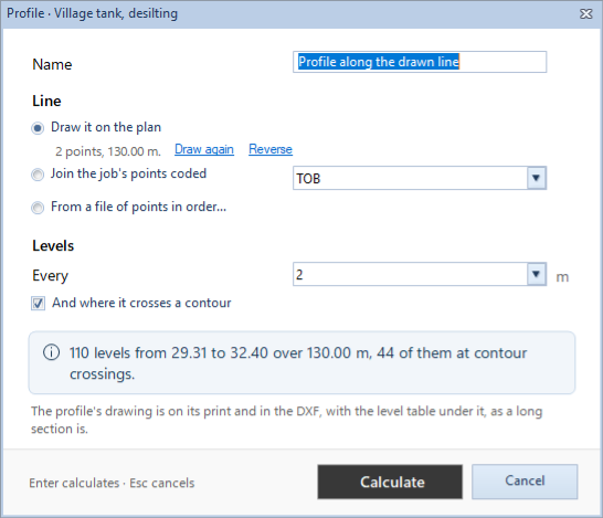 The Profile dialog with a line drawn across the tank