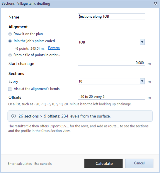 The Sections dialog along TOB