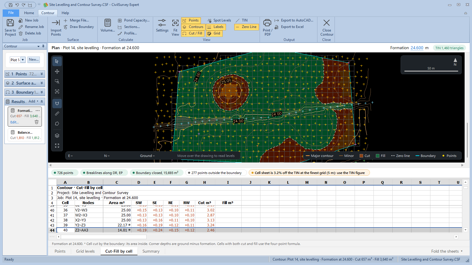 The Cut-Fill by cell sheet with the grid on the plan
