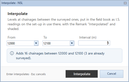 Interpolate between Ch 12000 and 12100 every 5 m