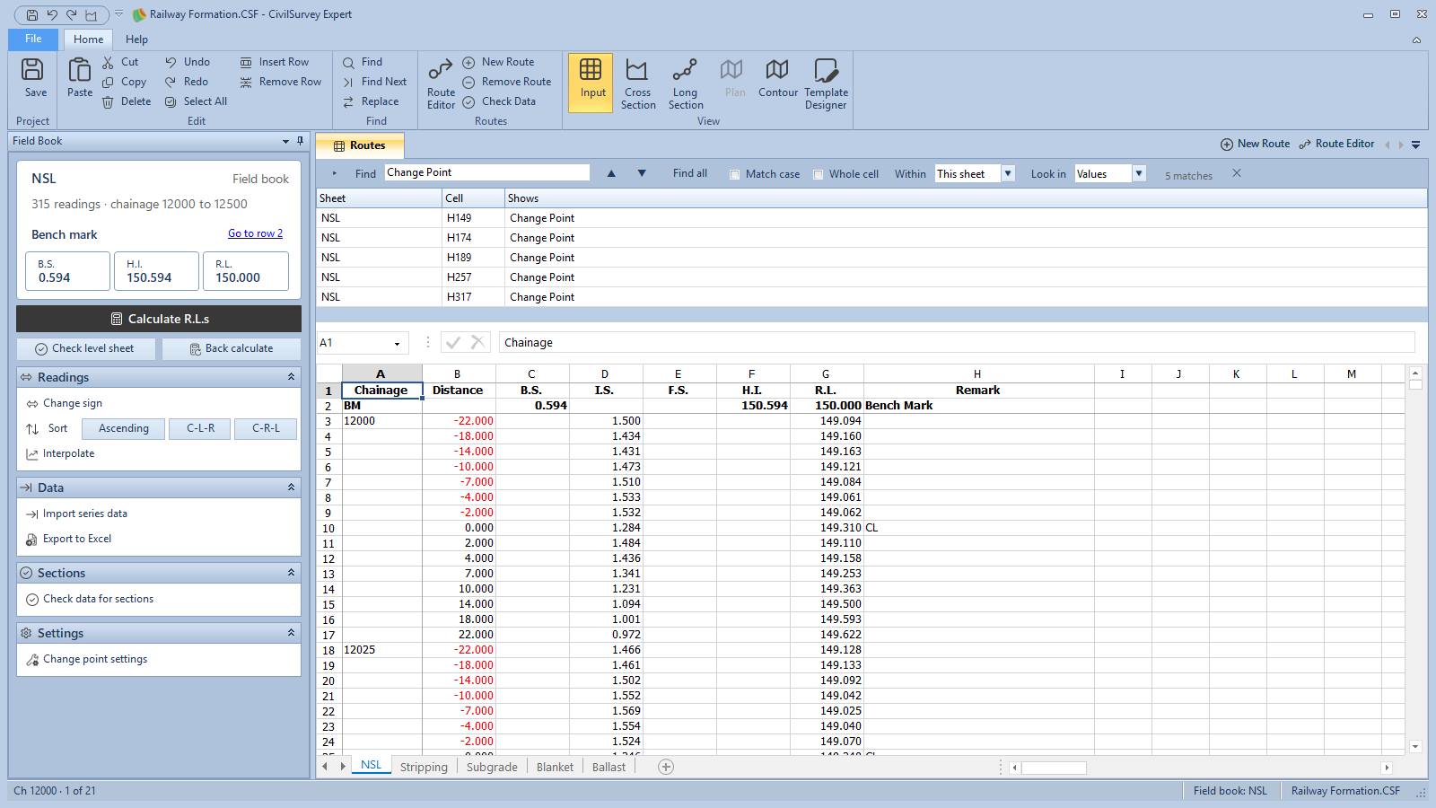 The find bar, with every Change Point listed