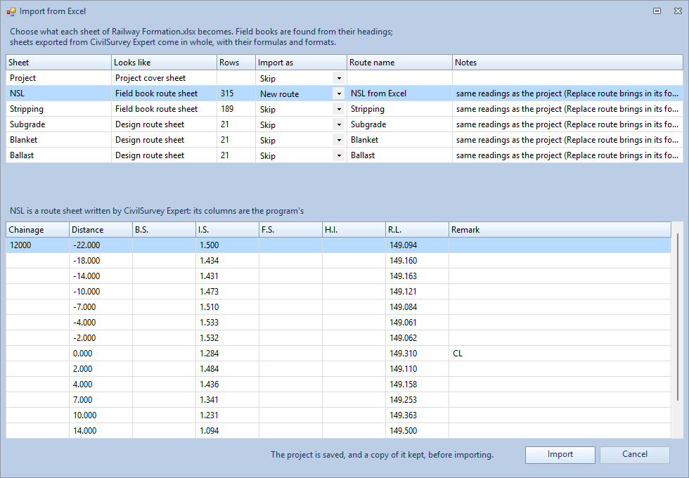 Import from Excel, with NSL coming in as a new route