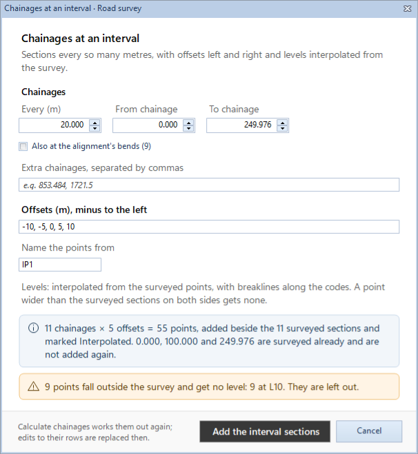 Chainages at an interval with the defaults