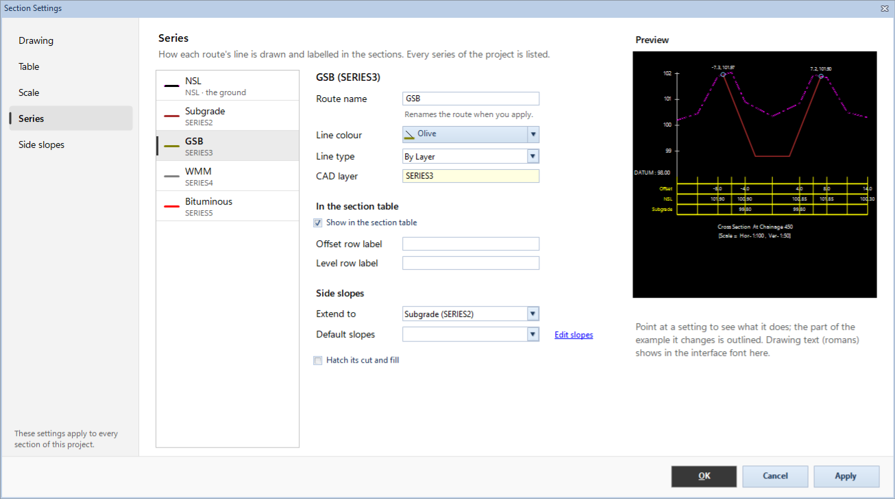 Section Settings, Series, with GSB extending to Subgrade