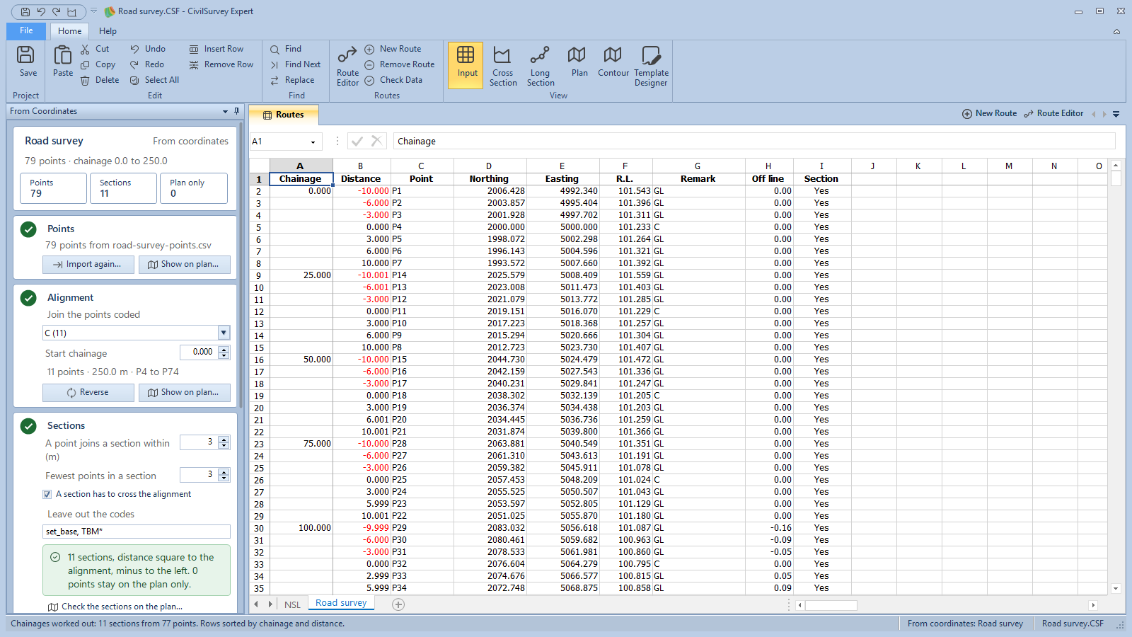 The From Coordinates panel after Calculate chainages