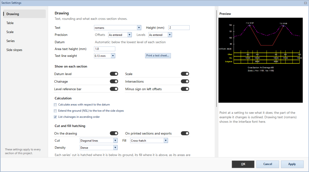 Section Settings, the Drawing page, with the preview