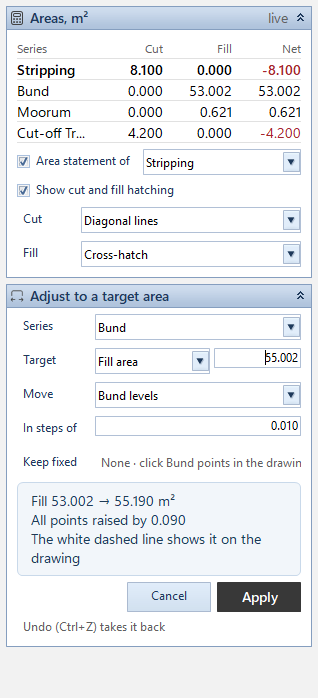 Adjust to a target area in the Quantities panel